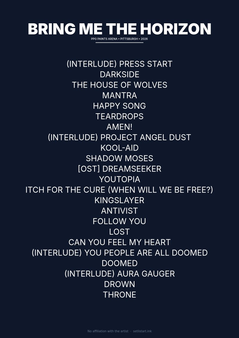 Bring Me the Horizon Pittsburgh 2026 setlist poster preview