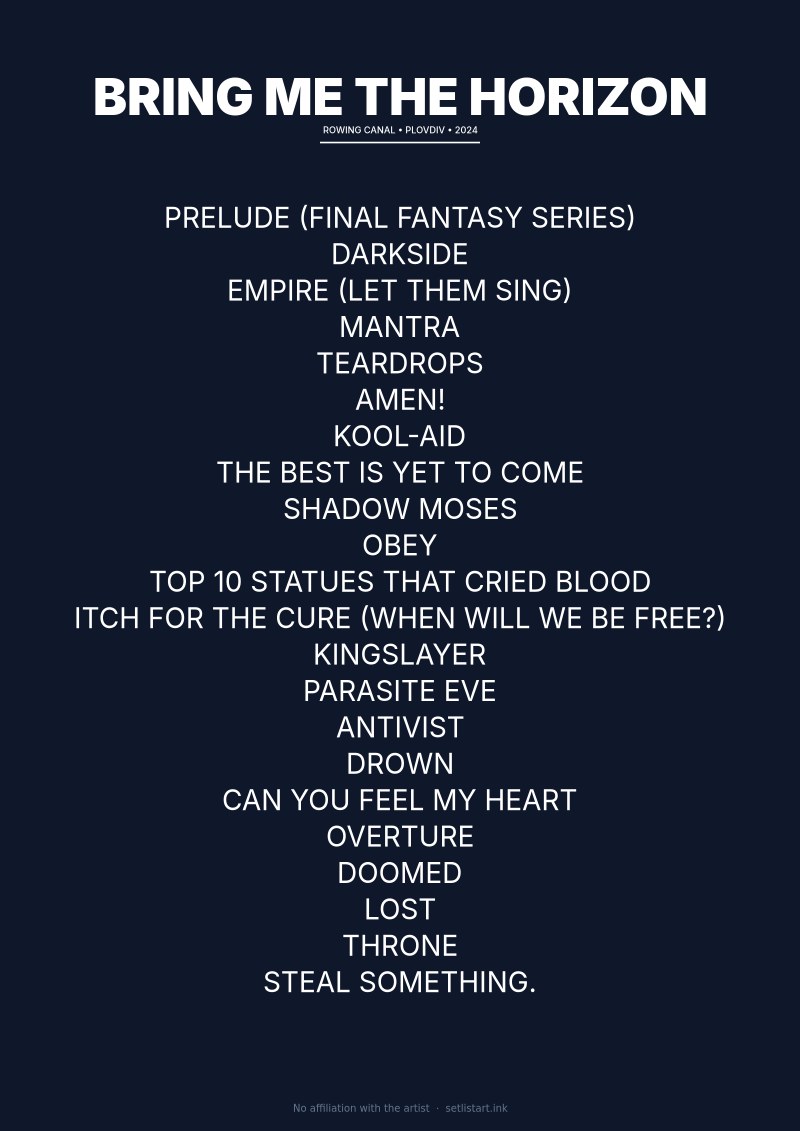 Bring Me the Horizon Plovdiv 2024 setlist poster preview