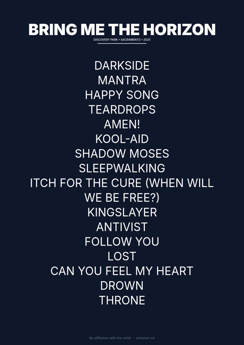 Bring Me the Horizon Sacramento 2025 setlist poster preview