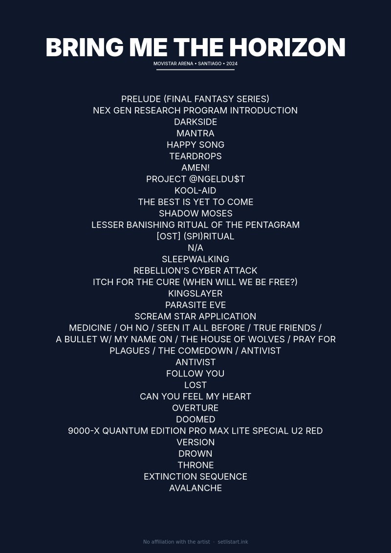 Bring Me the Horizon Santiago 2024 setlist poster preview