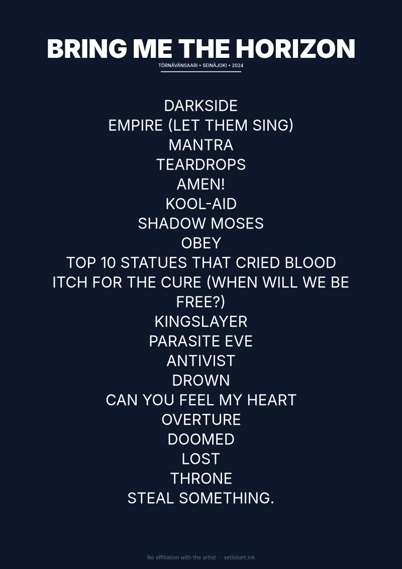 Bring Me the Horizon Seinäjoki 2024 setlist poster preview
