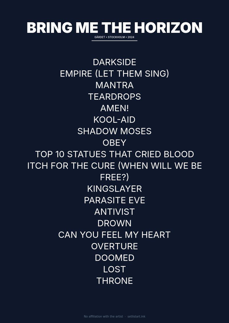 Bring Me the Horizon Stockholm 2024 setlist poster preview