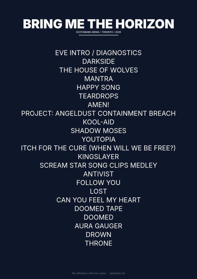 Bring Me the Horizon Toronto 2026 setlist poster preview