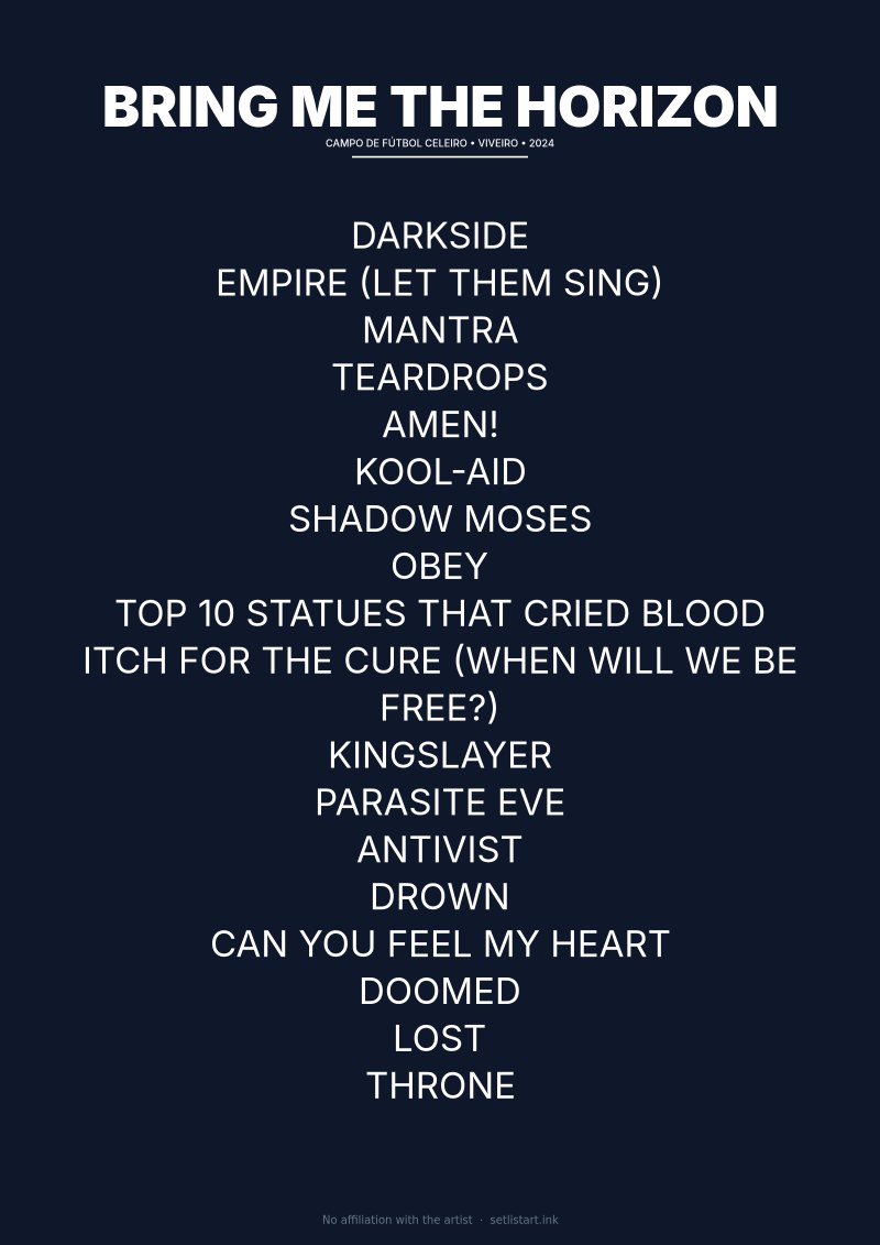 Bring Me the Horizon Viveiro 2024 setlist poster preview