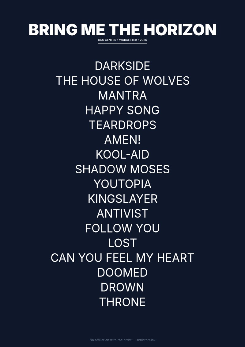Bring Me the Horizon Worcester 2026 setlist poster preview