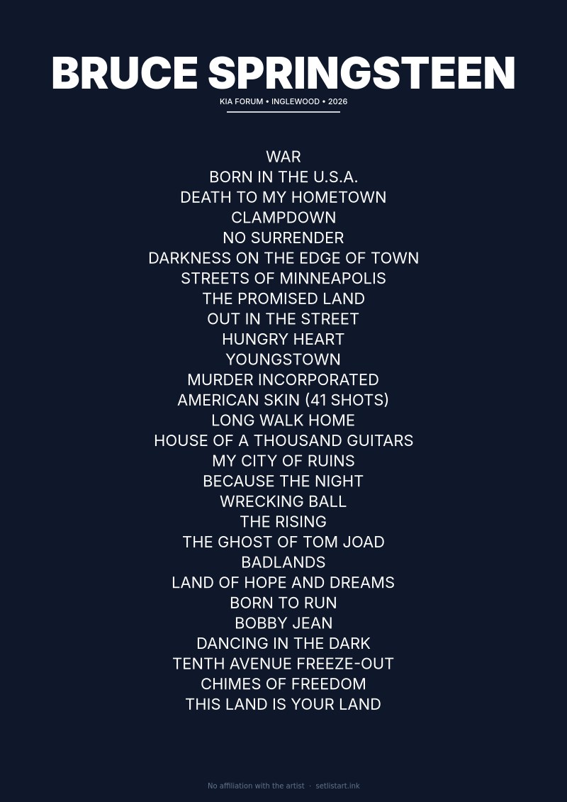 Bruce Springsteen Inglewood 2026 setlist poster preview