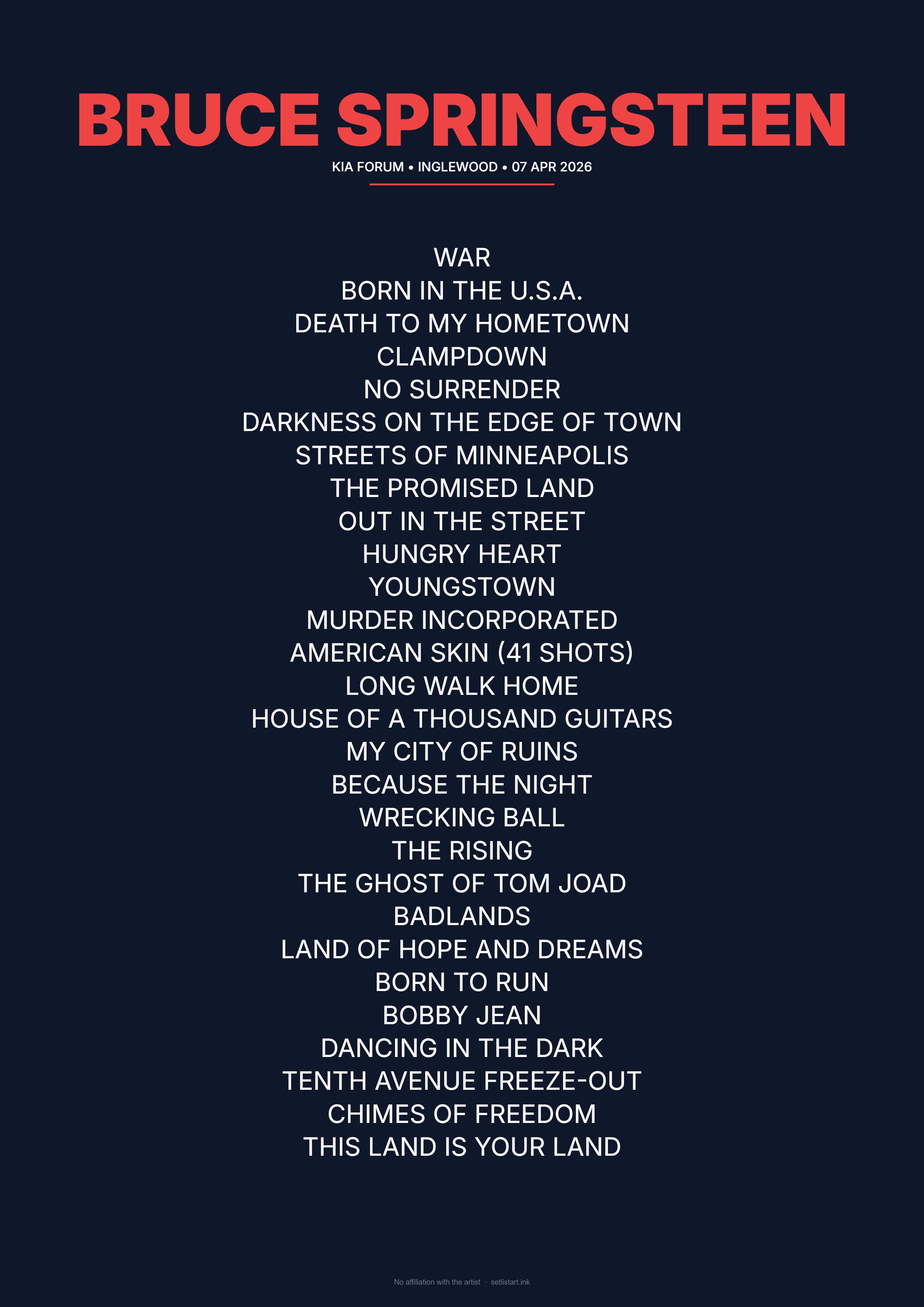 Bruce Springsteen Los Angeles 2026 setlist poster preview