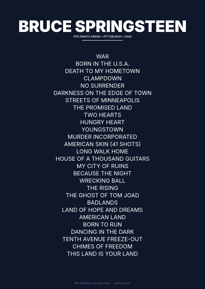 Bruce Springsteen Pittsburgh 2026 setlist poster — Land of Hope and Dreams Tour