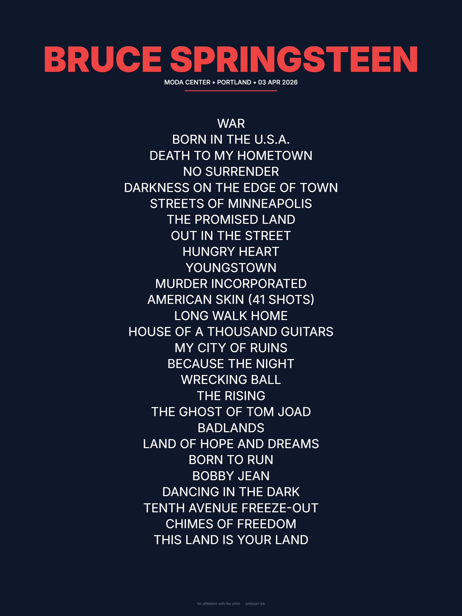 Bruce Springsteen Portland 2026 setlist poster preview
