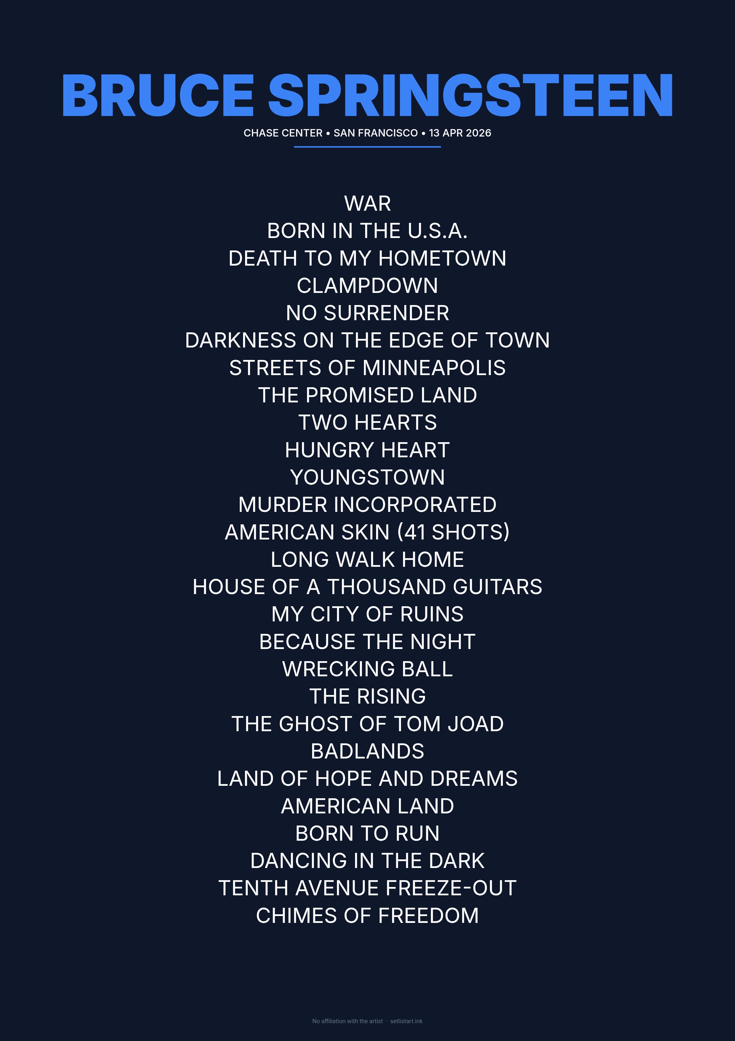 Bruce Springsteen San Francisco 2026 setlist poster preview