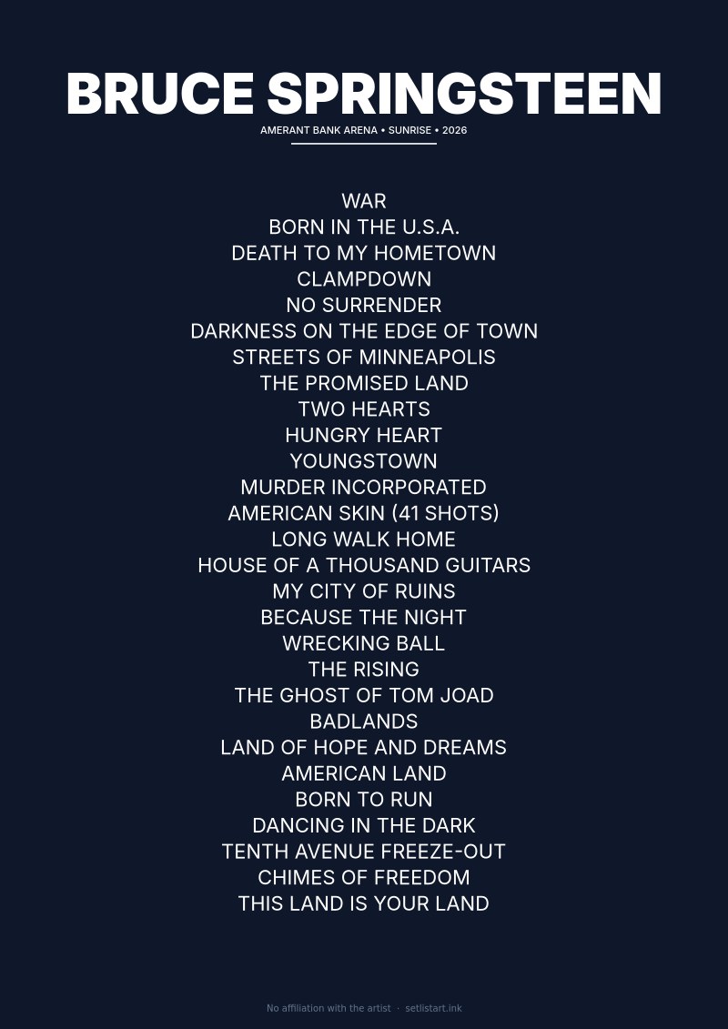 Bruce Springsteen Sunrise 2026 setlist poster preview