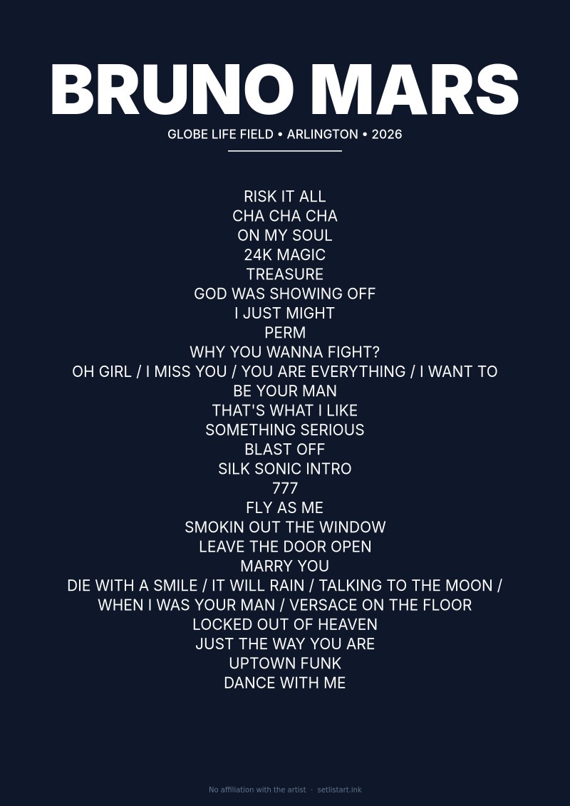 Bruno Mars Arlington 2026 setlist poster preview