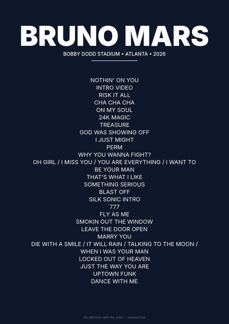 Bruno Mars Atlanta 2026 setlist poster preview