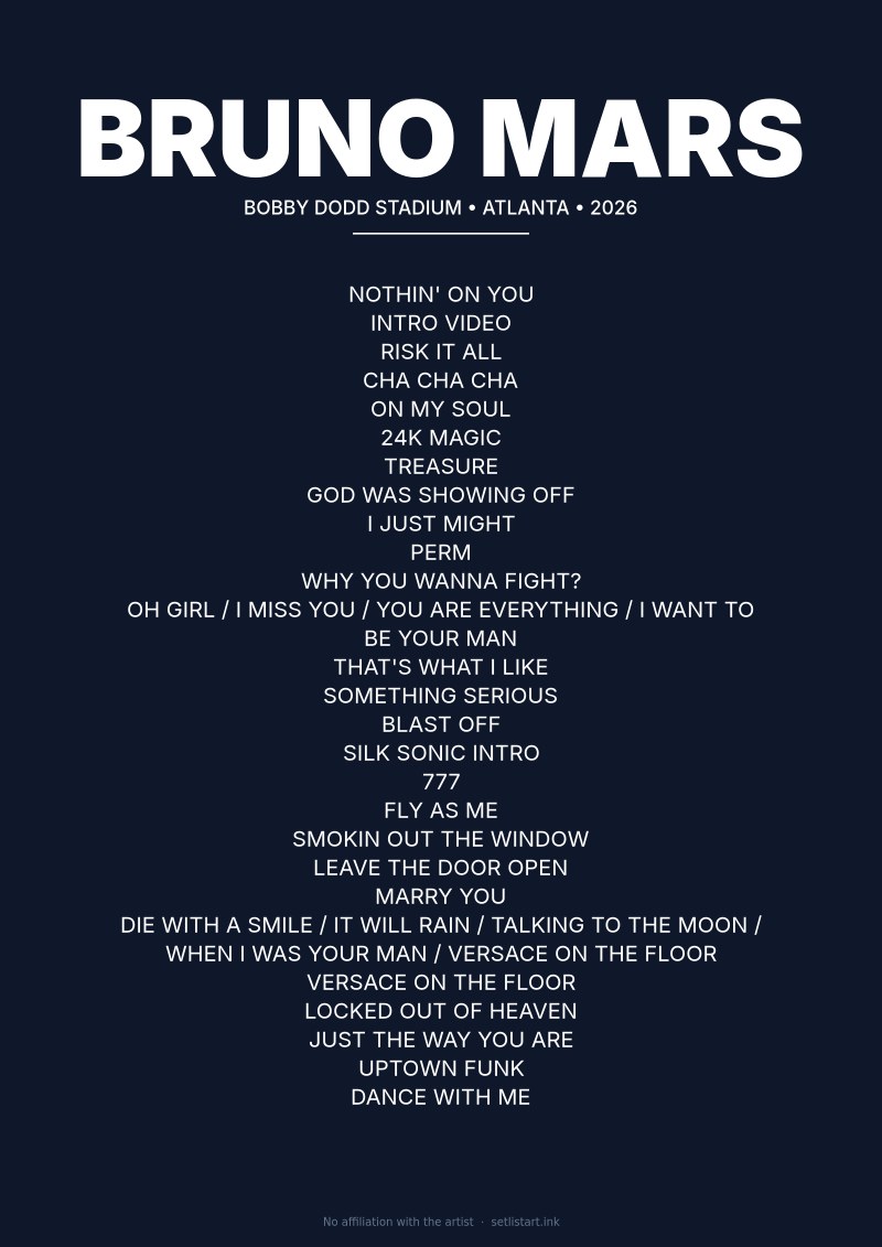 Bruno Mars Atlanta 2026 setlist poster preview