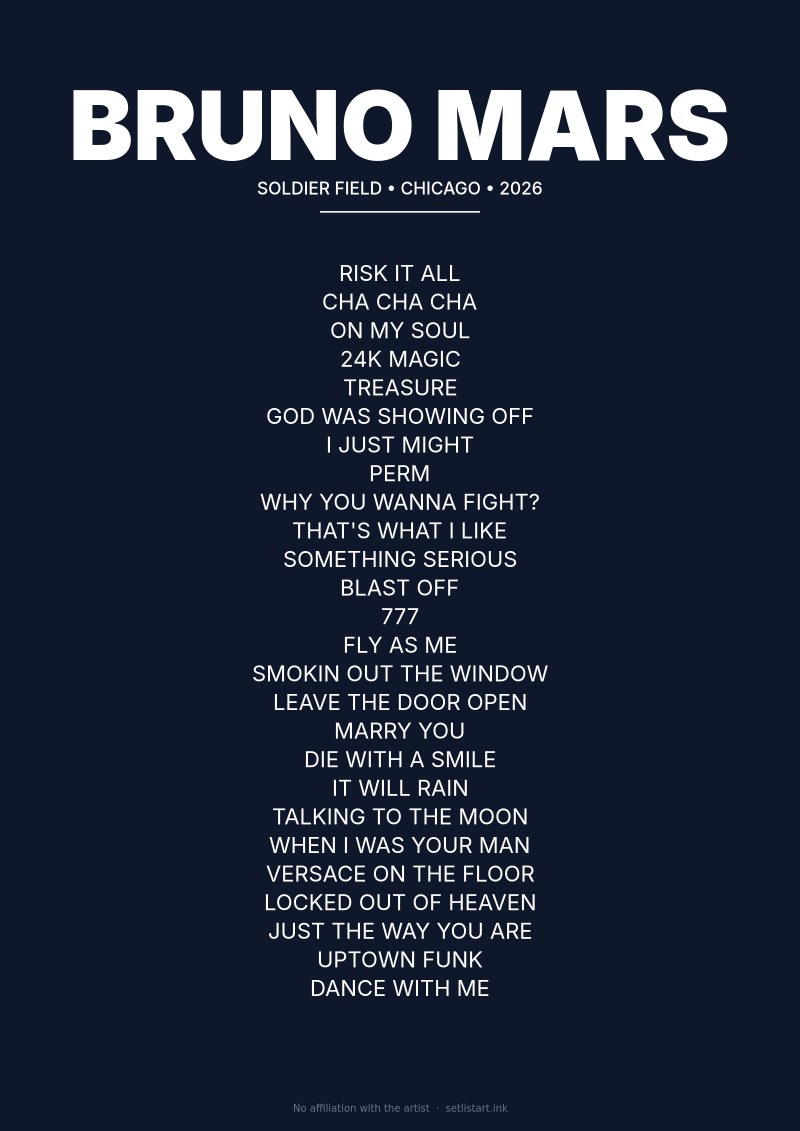 Bruno Mars Chicago 2026 setlist poster — The Romantic Tour