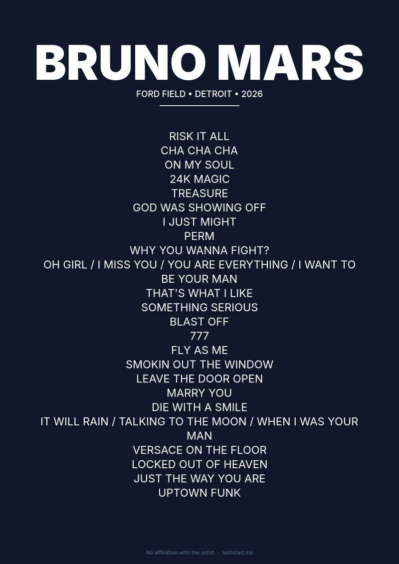 Bruno Mars Detroit Night 2 2026 setlist poster preview