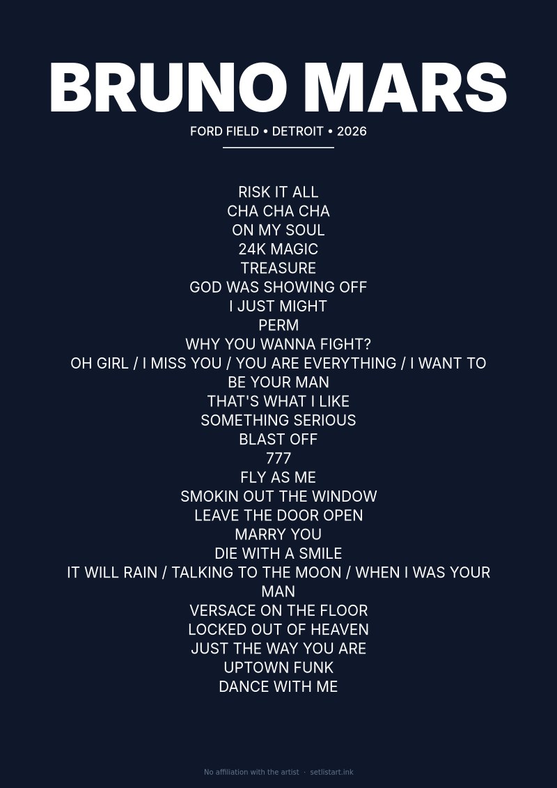 Bruno Mars Detroit 2026 setlist poster preview