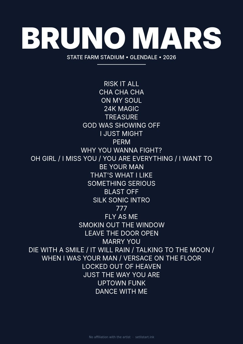 Bruno Mars Glendale 2026 setlist poster preview