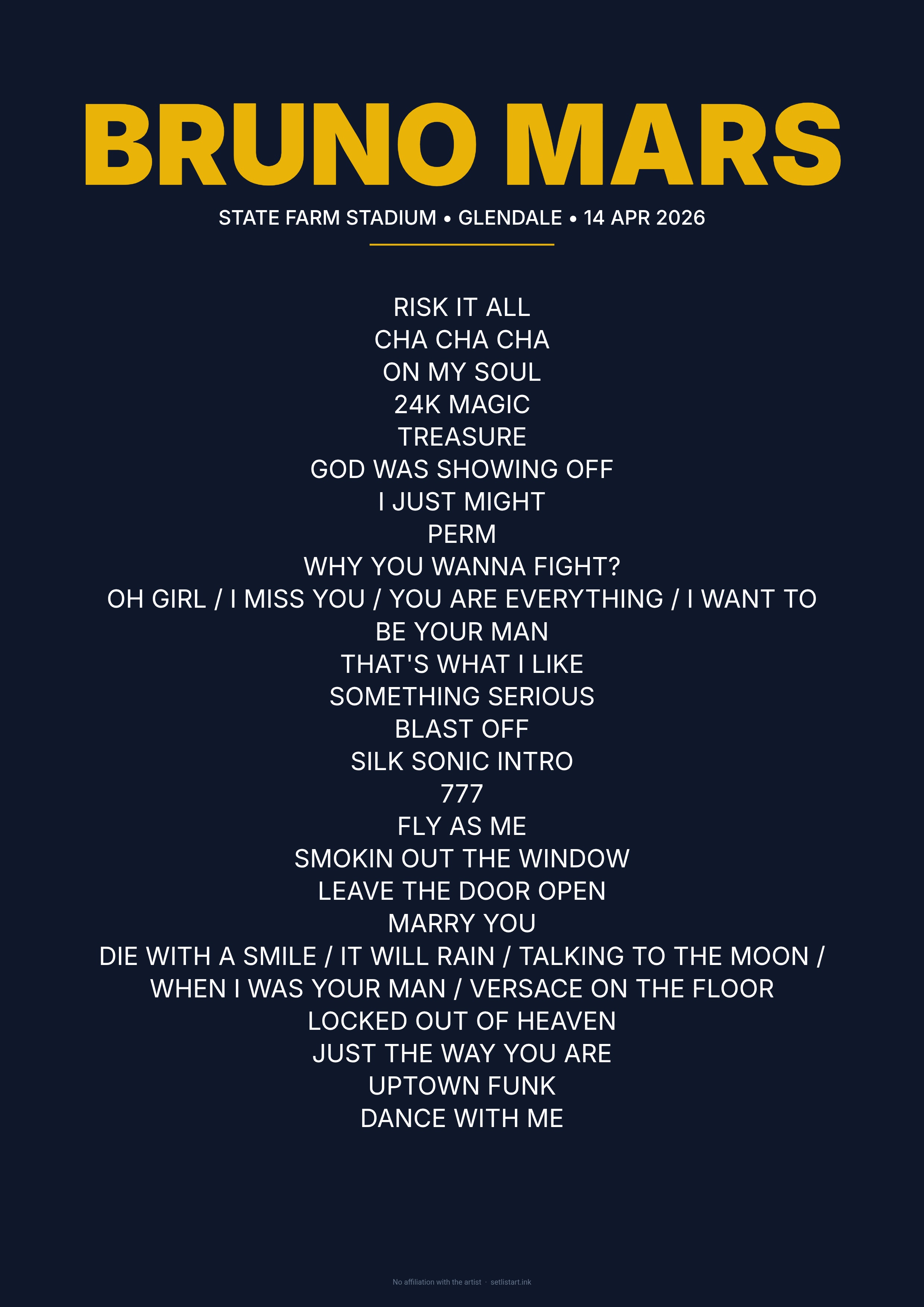 Bruno Mars Glendale 2026 setlist poster preview