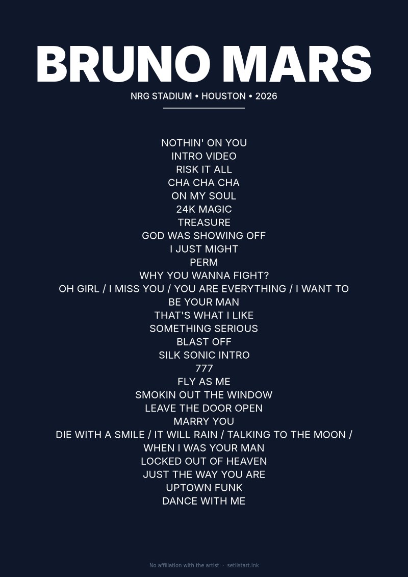Bruno Mars Houston 2026 setlist poster preview