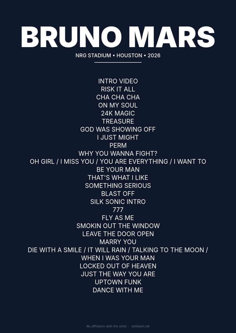 Bruno Mars Houston 2026 setlist poster preview