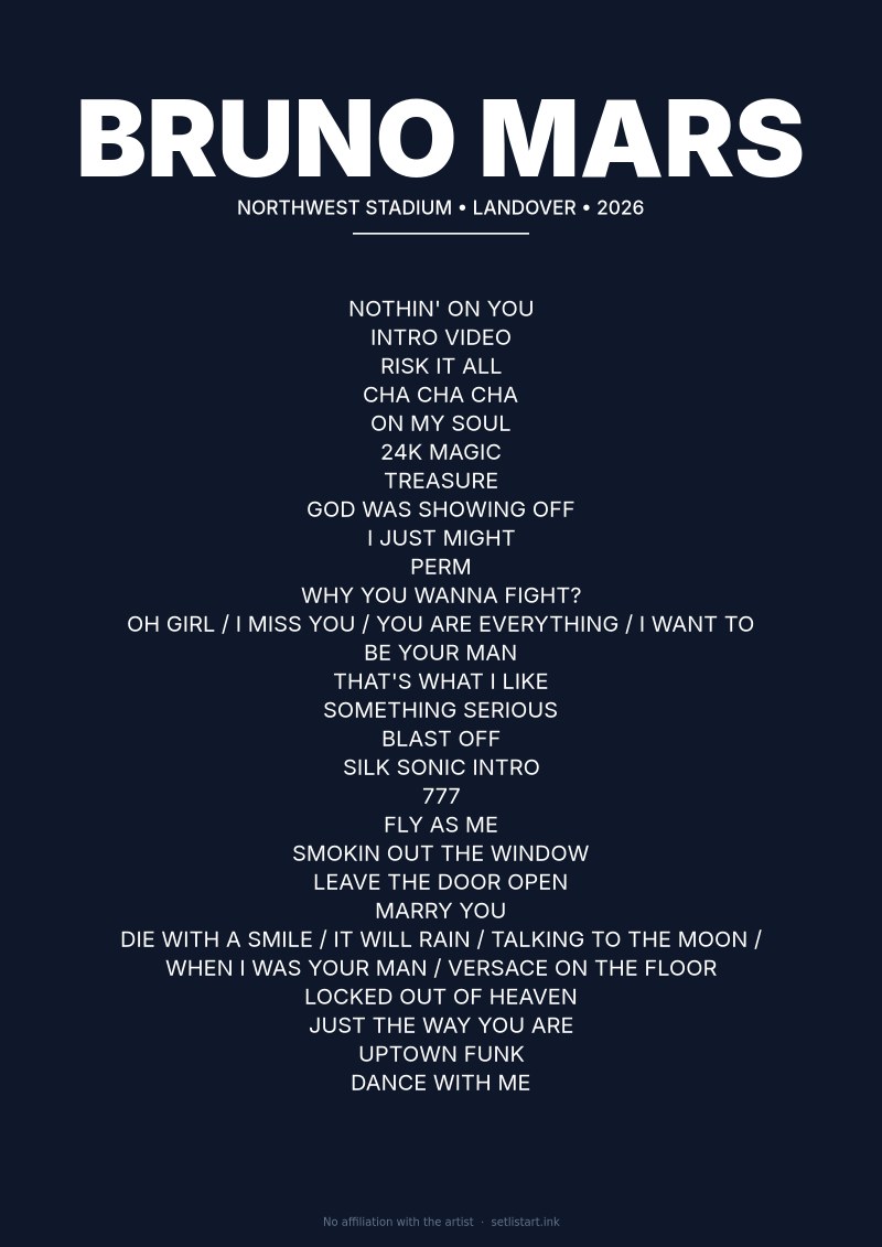 Bruno Mars Landover 2026 setlist poster preview