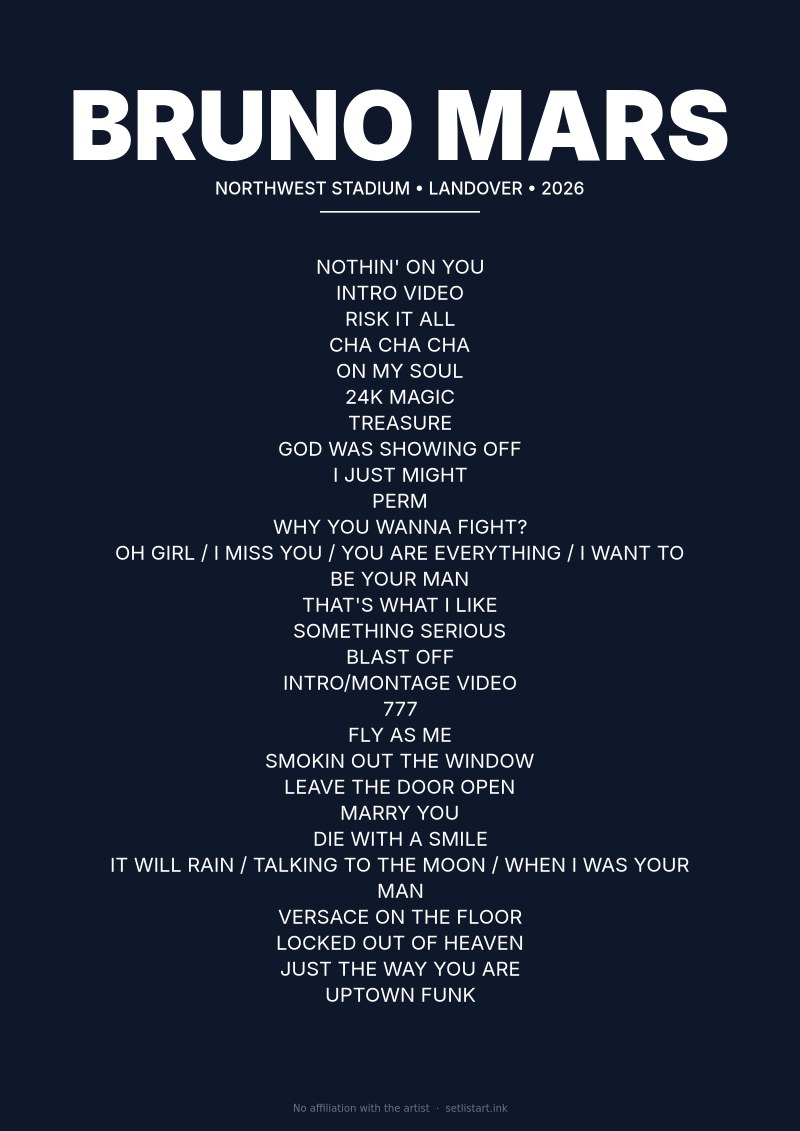 Bruno Mars Landover 2026 setlist poster preview