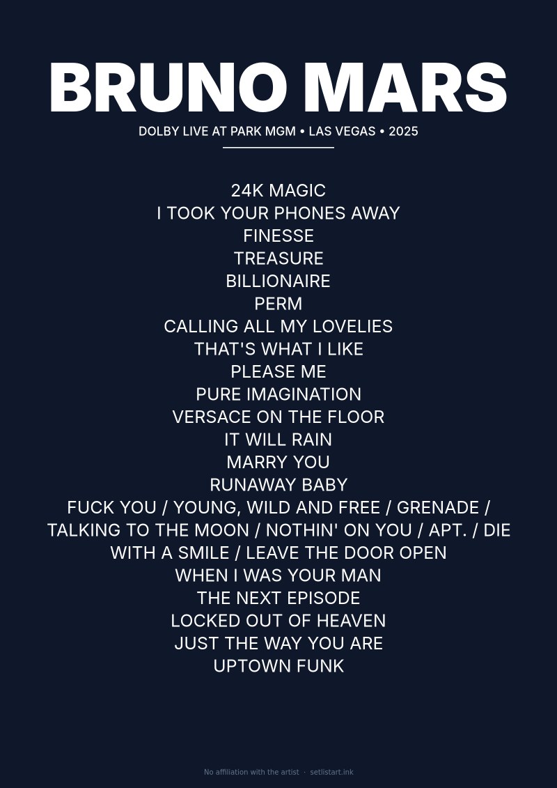 Bruno Mars Las Vegas 2025 setlist poster preview