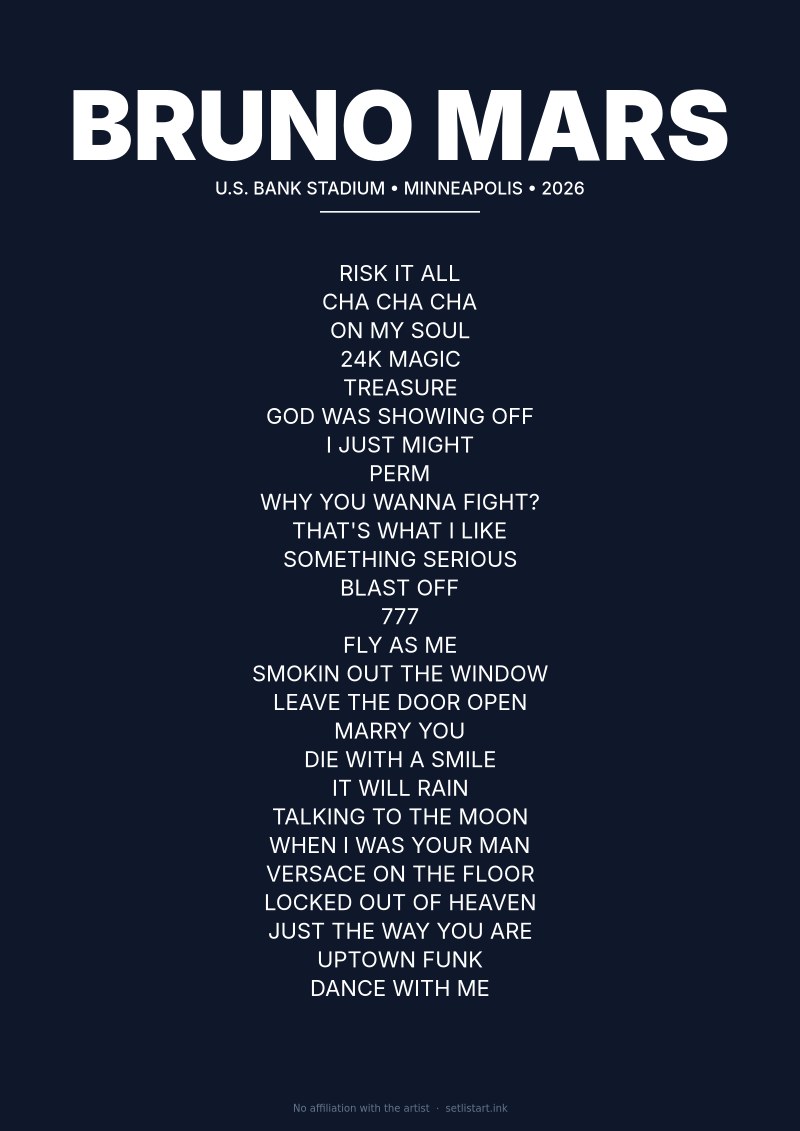 Bruno Mars Minneapolis 2026 setlist poster — The Romantic Tour