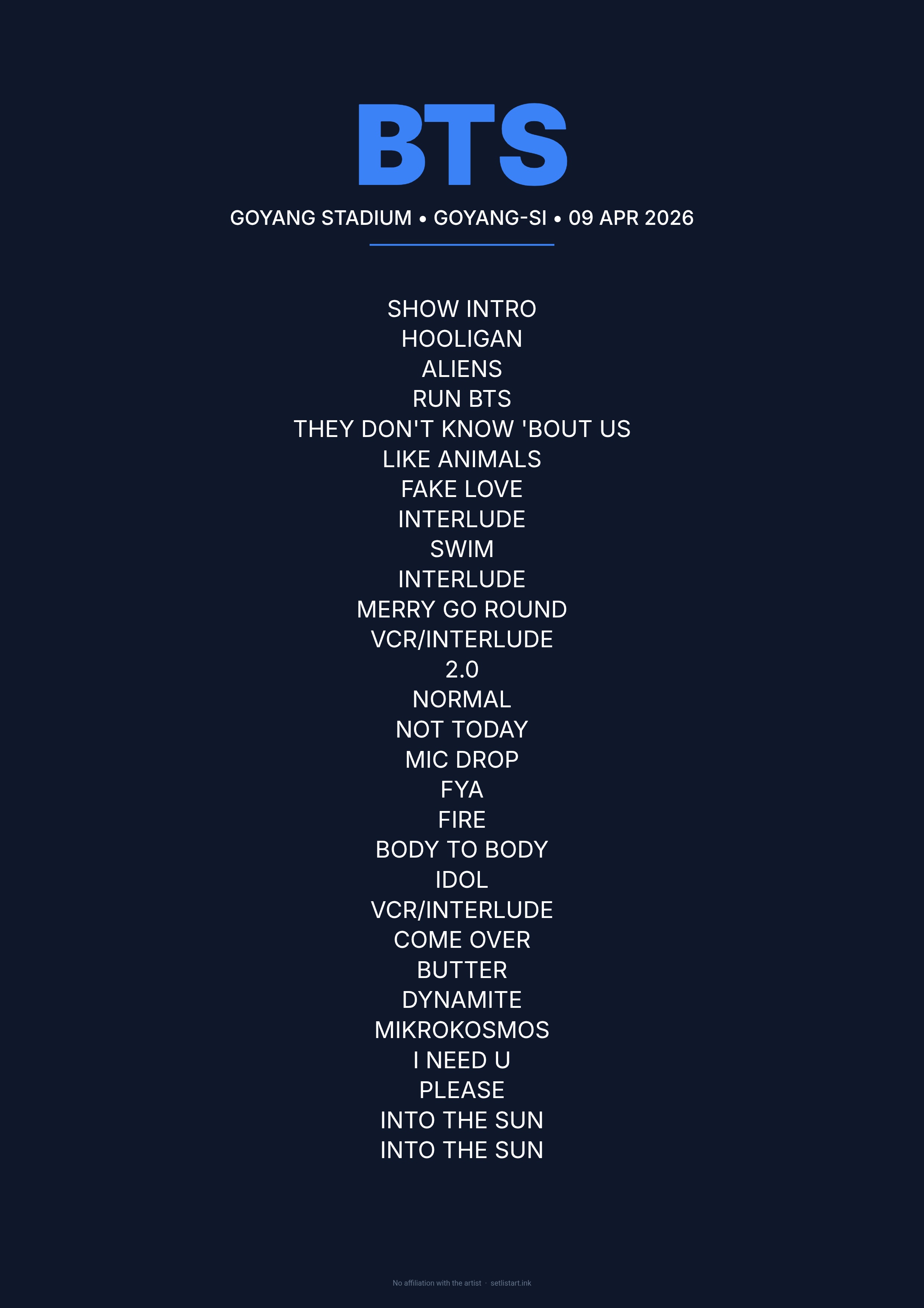 BTS Goyang 2026 setlist poster preview