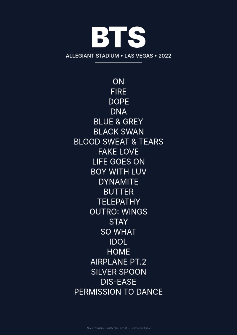 BTS Las Vegas 2022 setlist poster preview