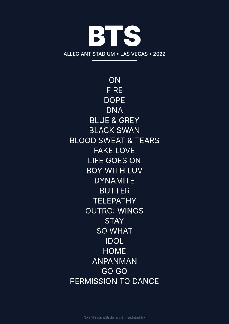 BTS Las Vegas 2022 setlist poster preview