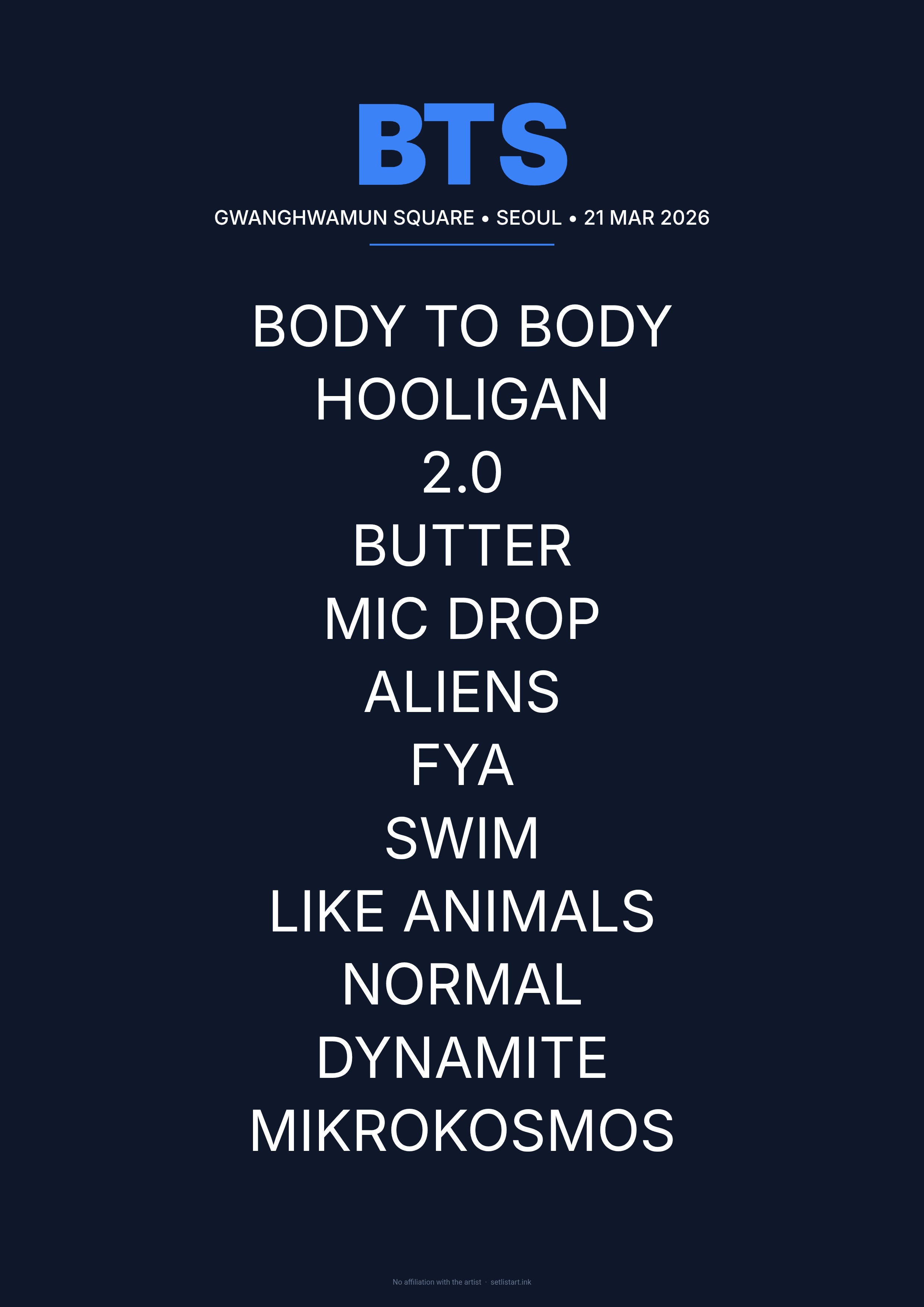 BTS Seoul 2026 setlist poster preview