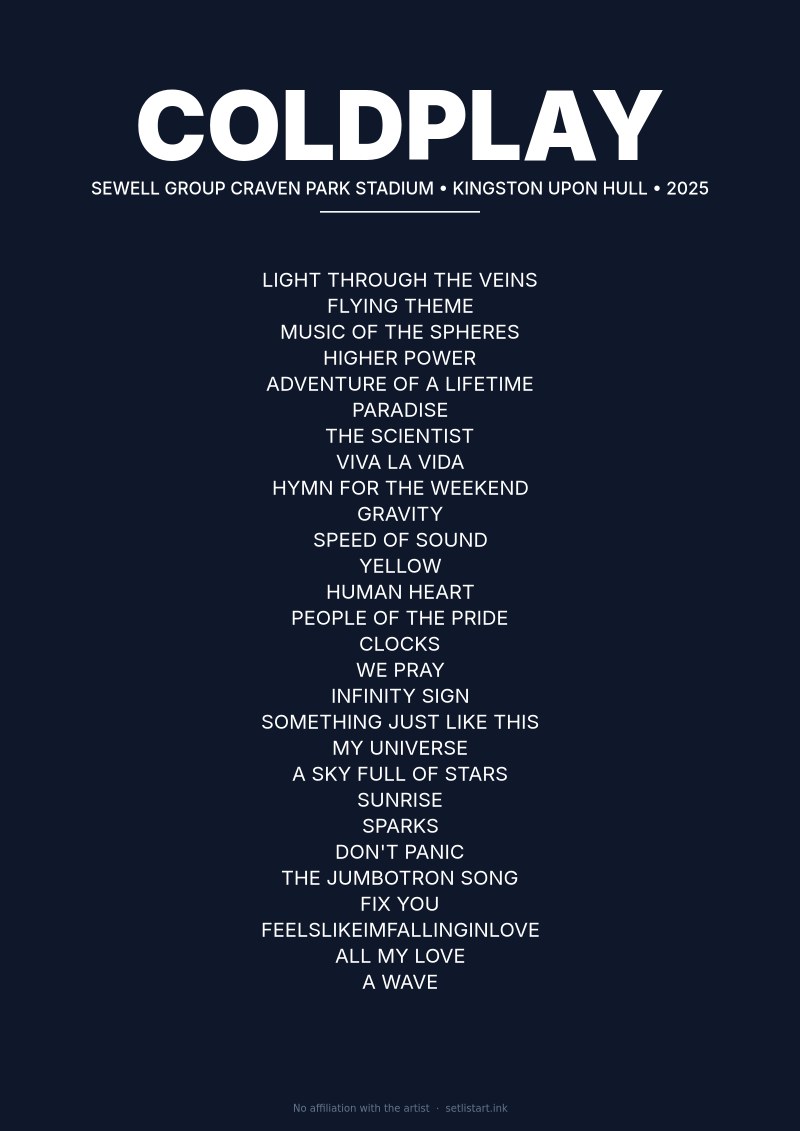 Coldplay Kingston upon Hull 2025 setlist poster preview