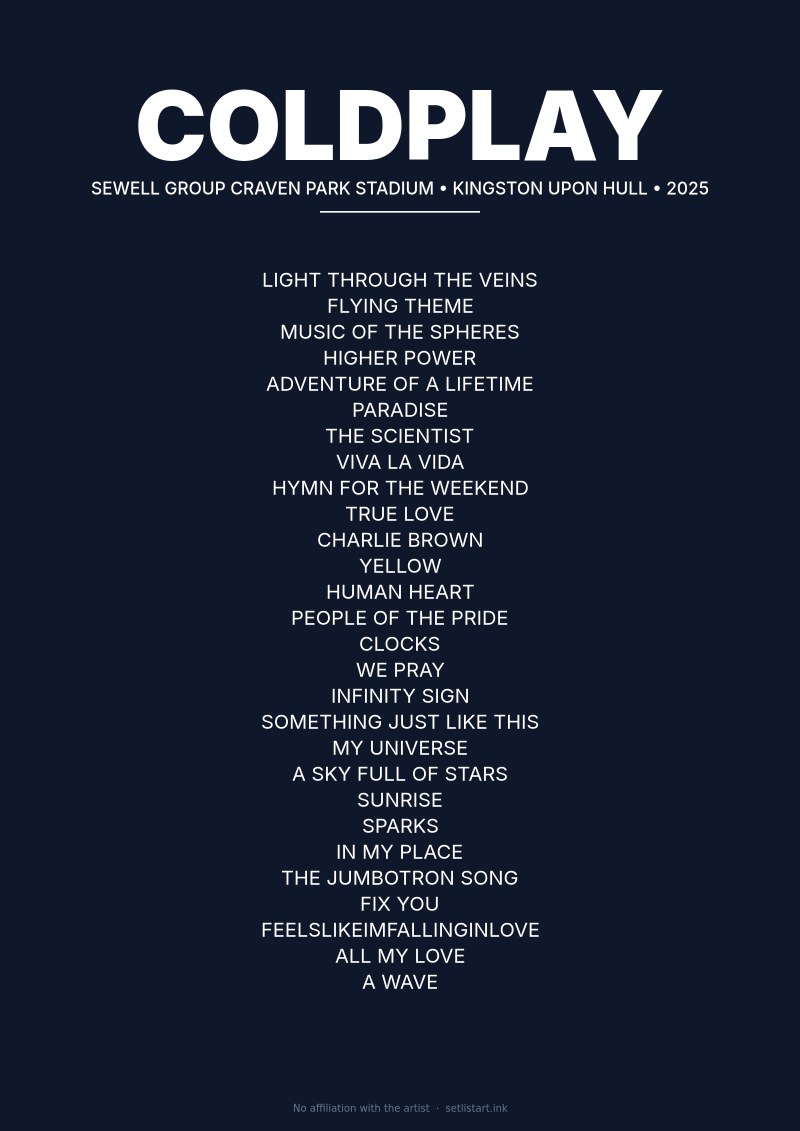 Coldplay Kingston upon Hull 2025 setlist poster preview