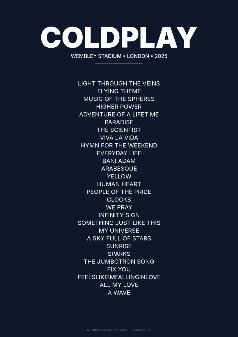 Coldplay London 2025 setlist poster preview