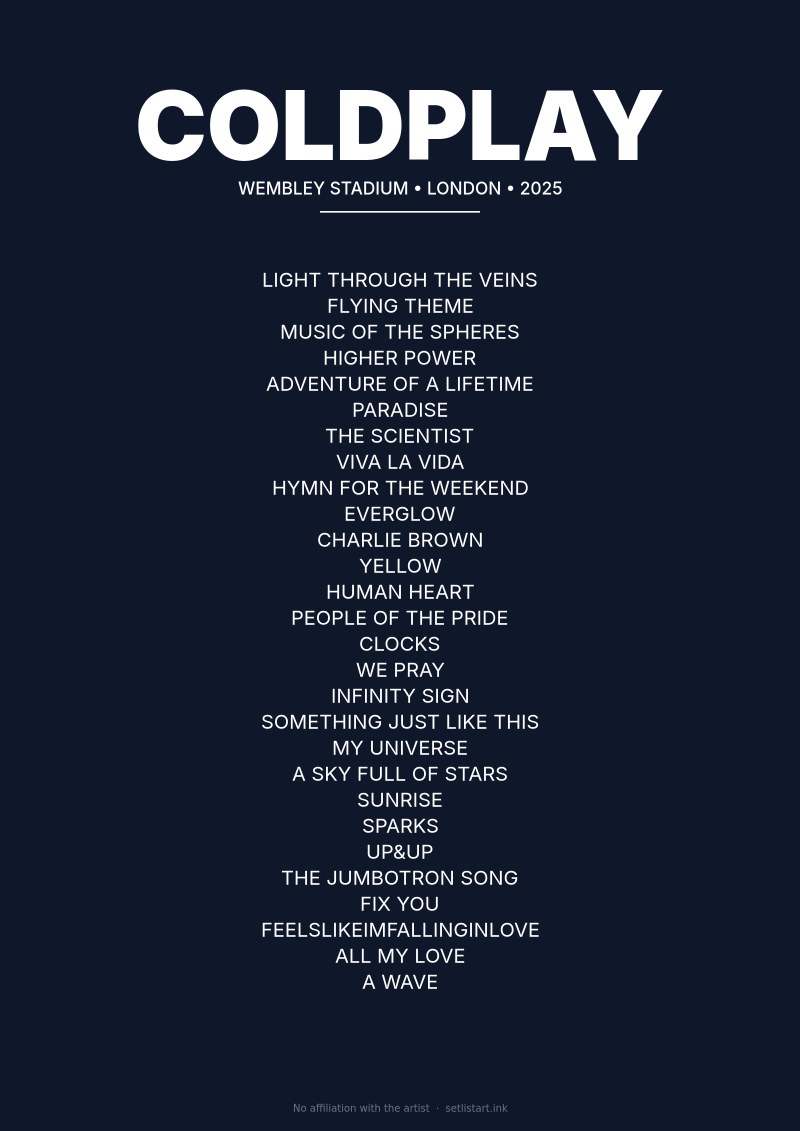 Coldplay London 2025 setlist poster preview