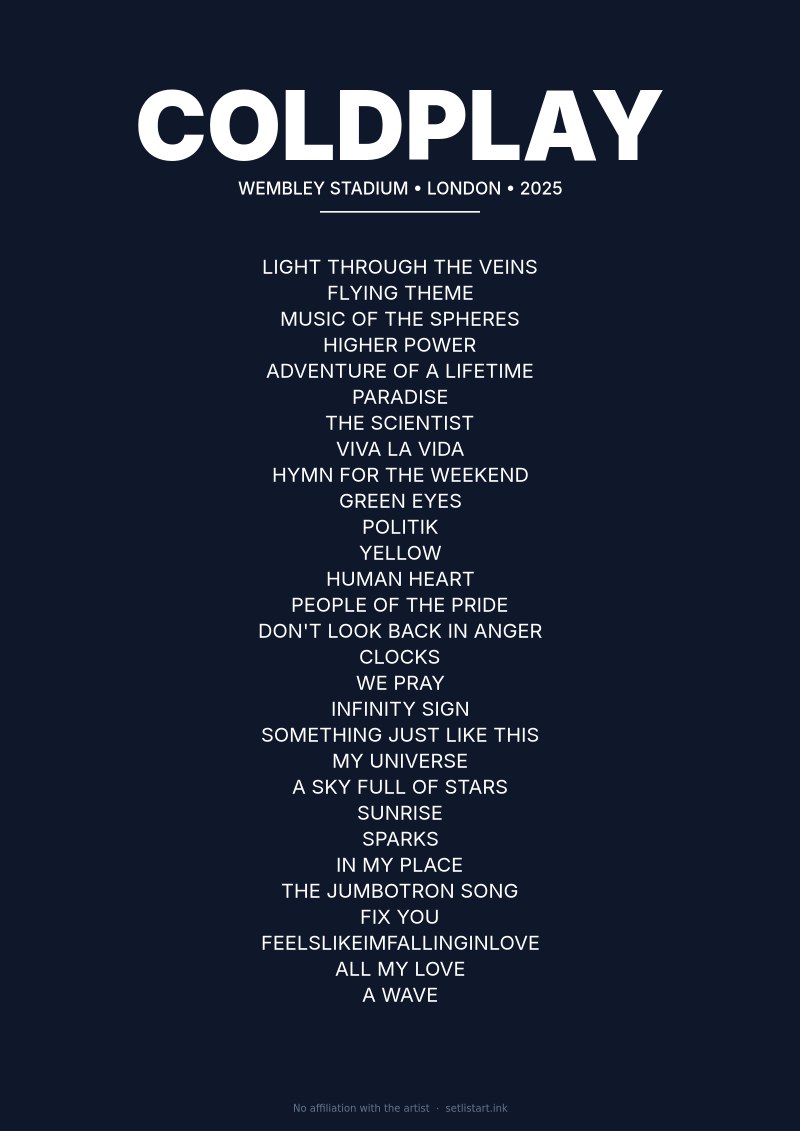Coldplay London 2025 setlist poster preview