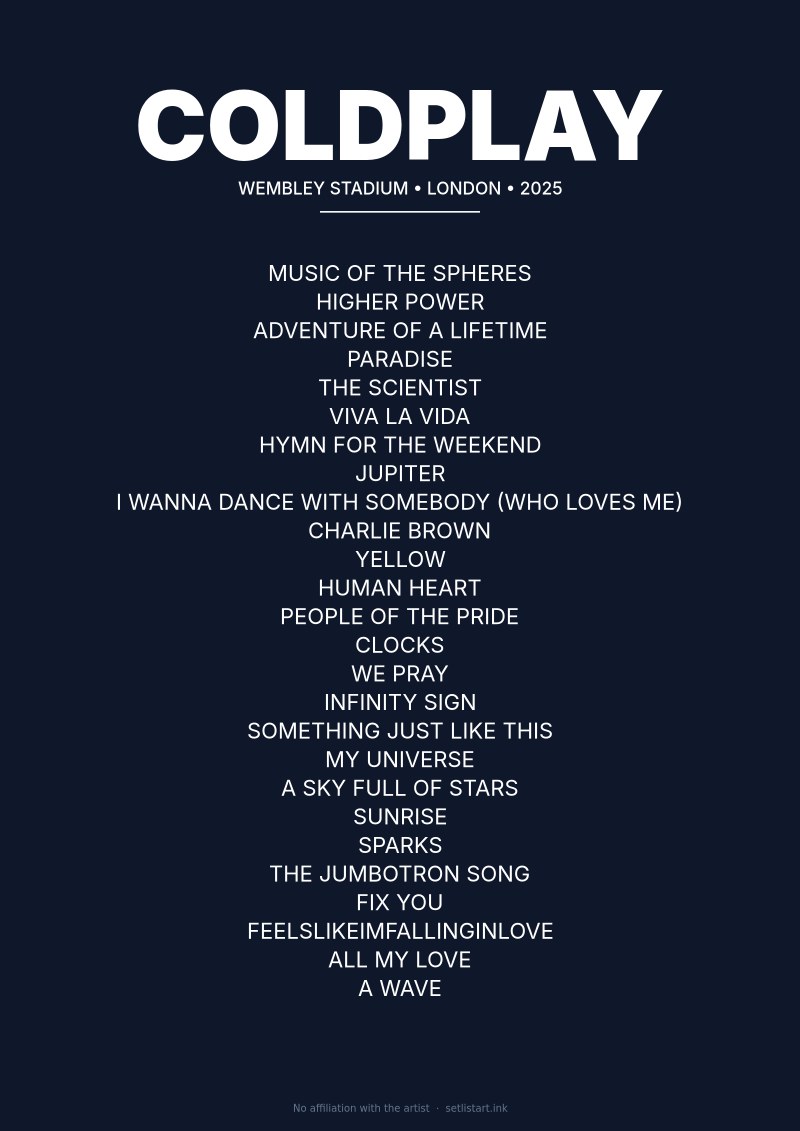 Coldplay London 2025 setlist poster preview