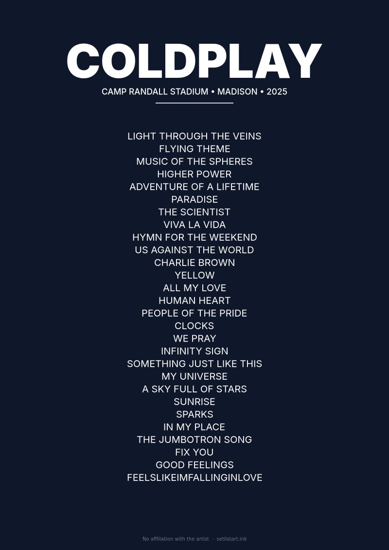 Coldplay Madison 2025 setlist poster preview