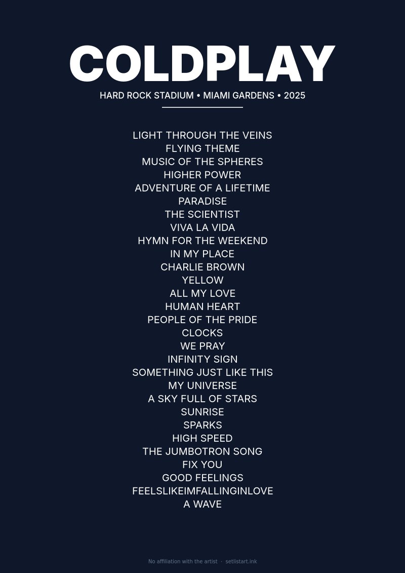 Coldplay Miami Gardens 2025 setlist poster preview