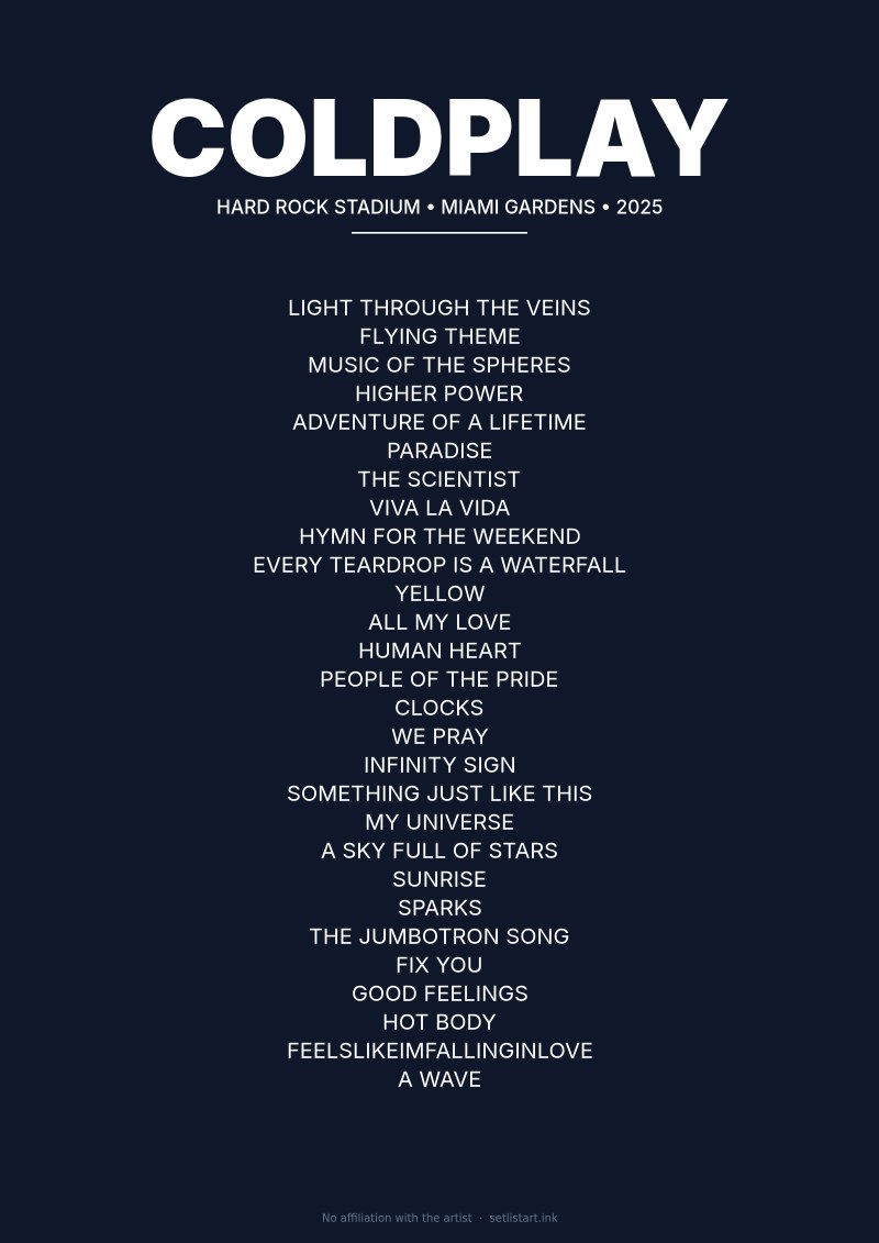 Coldplay Miami Gardens 2025 setlist poster preview