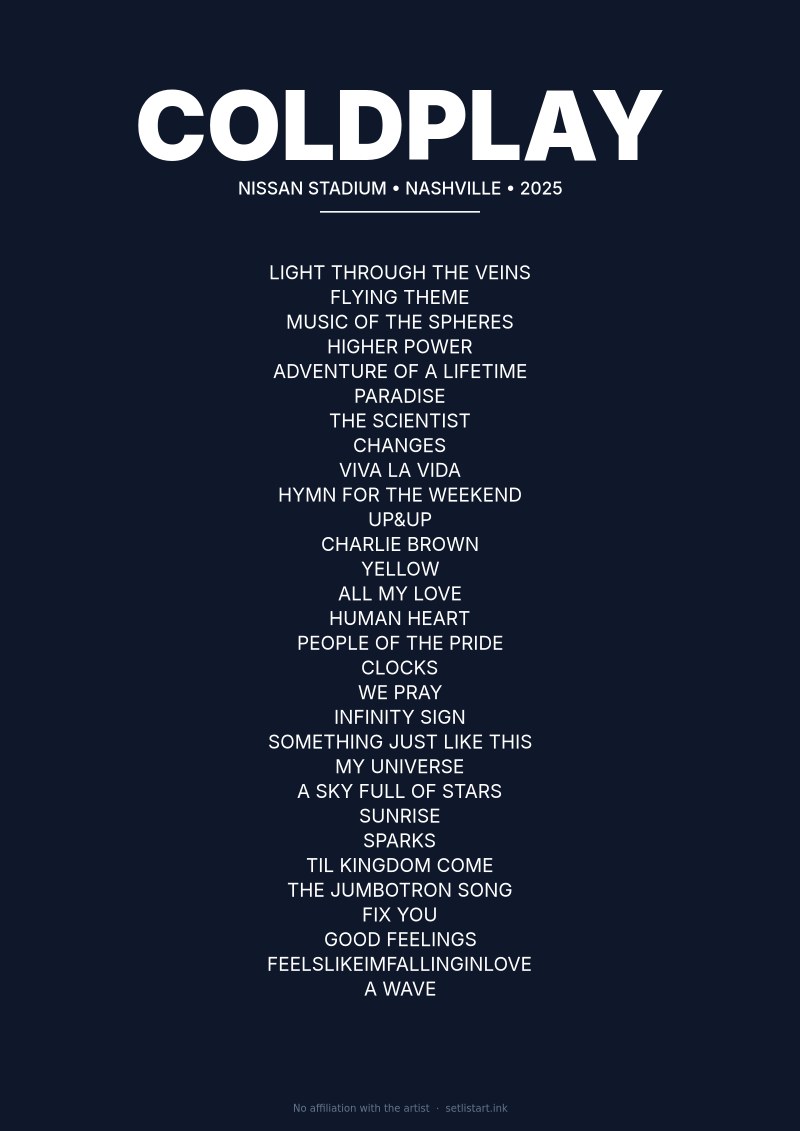 Coldplay Nashville 2025 setlist poster preview
