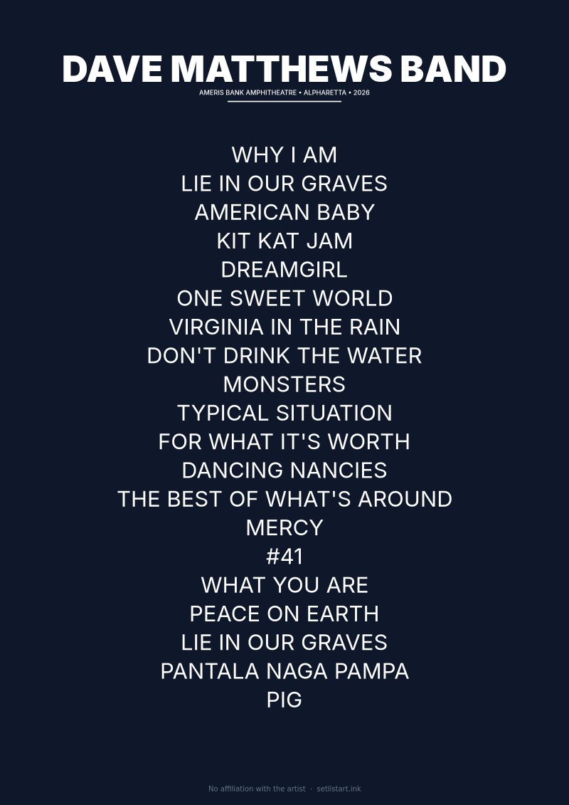Dave Matthews Band Alpharetta 2026 setlist poster