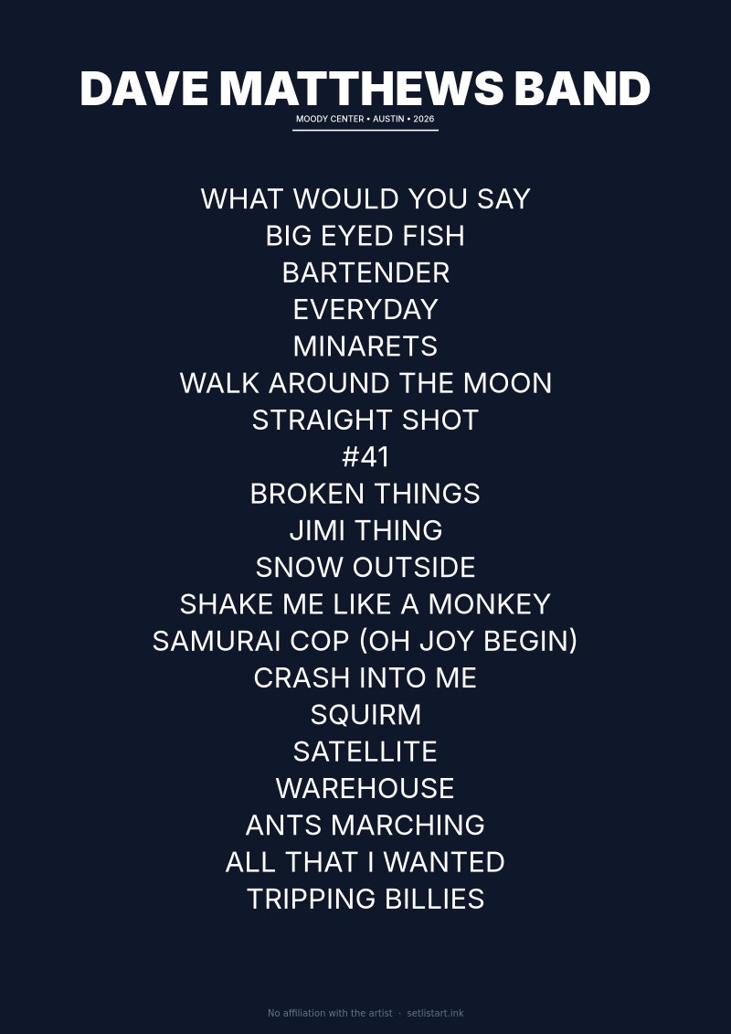 Dave Matthews Band Austin 2026 setlist poster