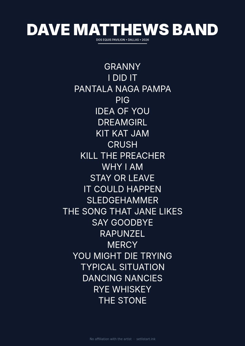 Dave Matthews Band Dallas 2026 setlist poster
