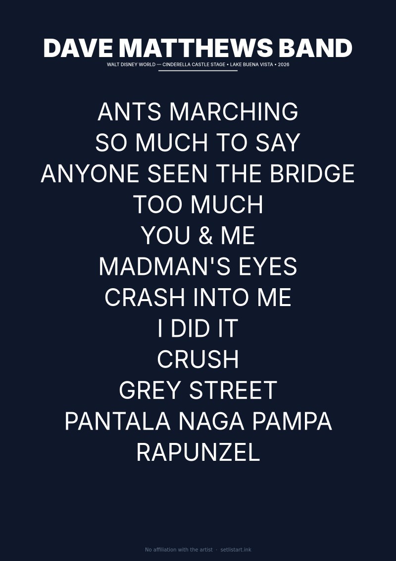 Dave Matthews Band Disney World 2026 setlist poster