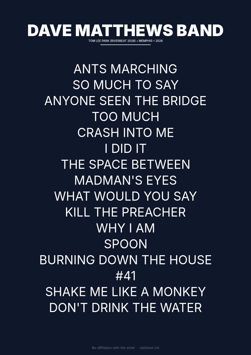 Dave Matthews Band Memphis 2026 setlist poster — RiverBeat Festival