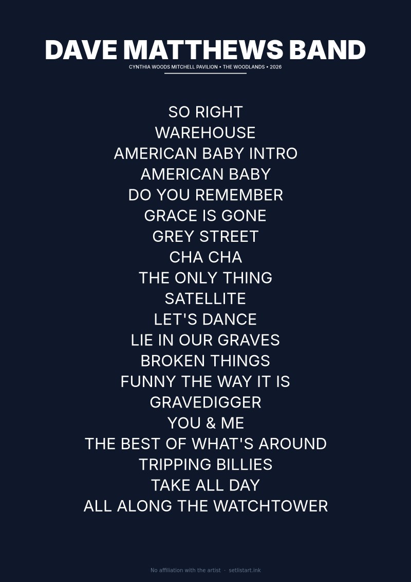 Dave Matthews Band The Woodlands 2026 setlist poster