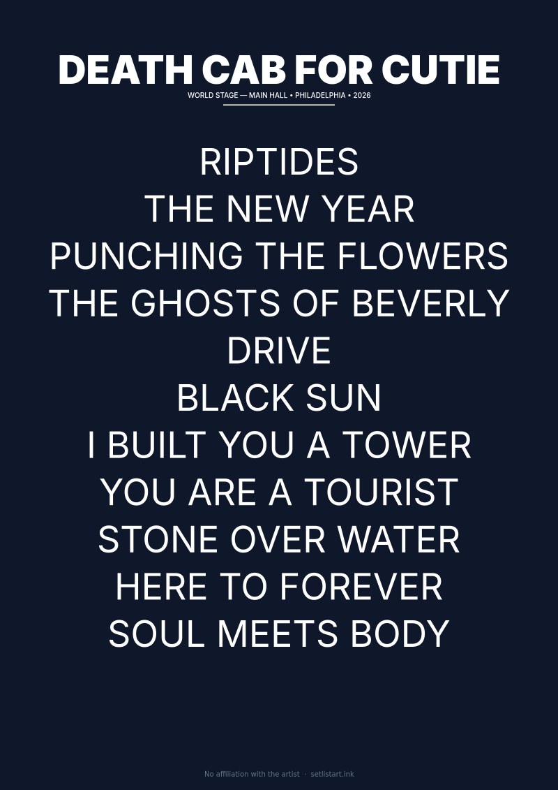 Death Cab for Cutie Philadelphia 2026 setlist poster